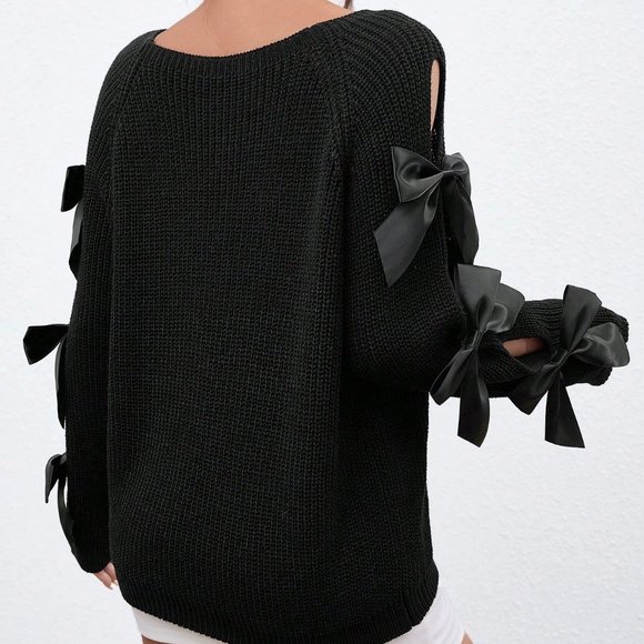 Black Preppy Womens Bow Detail Cut Out Raglan Sleeve Sweater - Picture 2 of 5